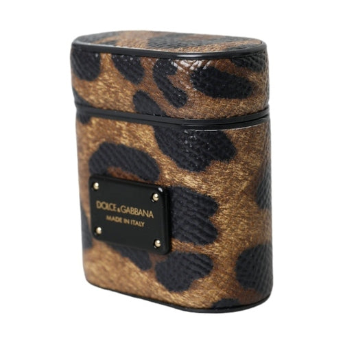 Dolce & Gabbana Brown Leopard Calf Leather Metal Logo Plaque Airpods Case