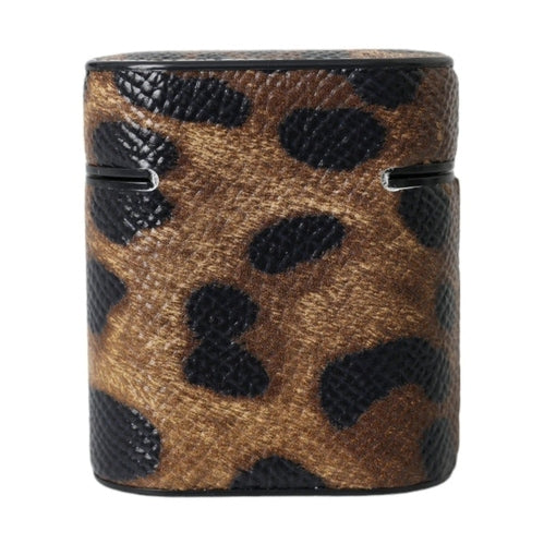 Dolce & Gabbana Brown Leopard Calf Leather Metal Logo Plaque Airpods Case