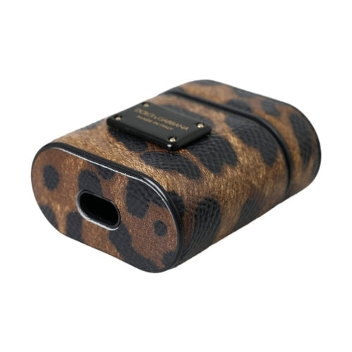 Dolce & Gabbana Brown Leopard Calf Leather Metal Logo Plaque Airpods Case