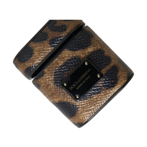 Dolce & Gabbana Brown Leopard Calf Leather Metal Logo Plaque Airpods Case