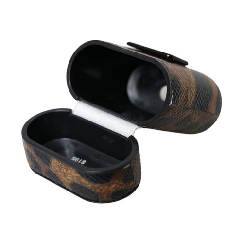 Dolce & Gabbana Brown Leopard Calf Leather Metal Logo Plaque Airpods Case