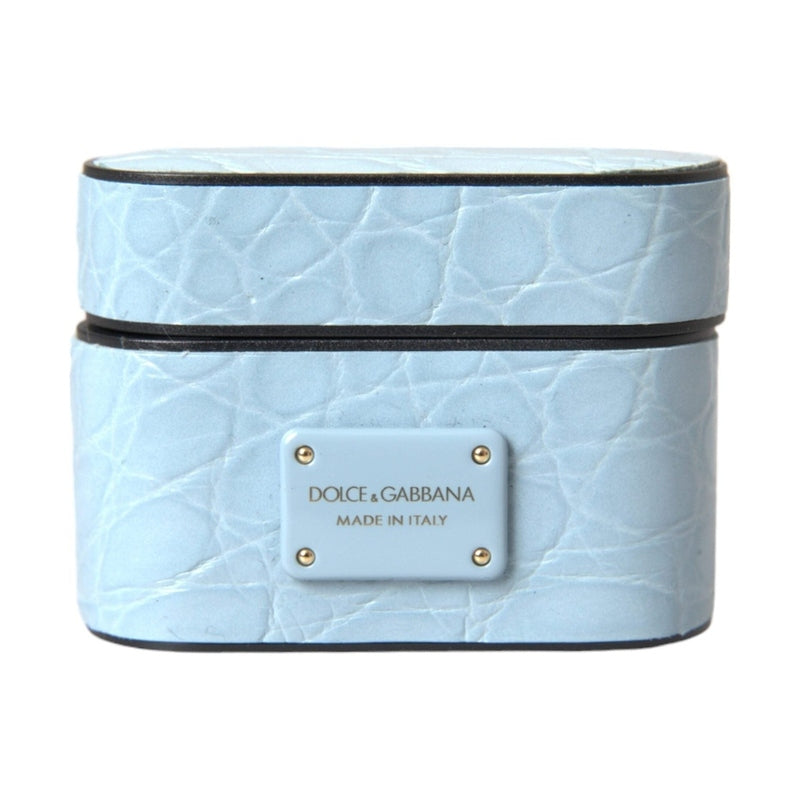 Dolce & Gabbana Light Blue Leather Metal Logo Plaque Airpods Case