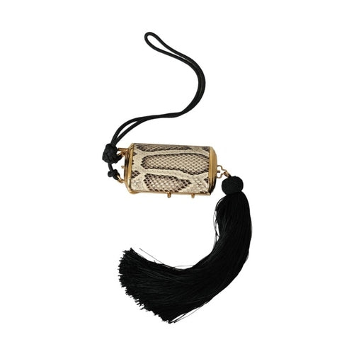 Beige Exotic Leather Mini Mirror Tassel Make Up Holder Bag
