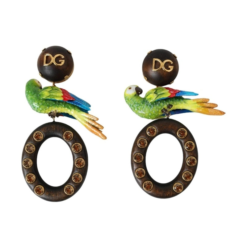 Dolce & Gabbana Multicolor Parrot Wood Brass Crystal Embellished Earrings