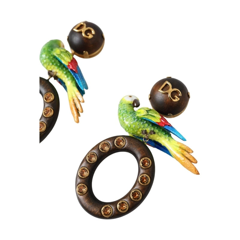 Dolce & Gabbana Multicolor Parrot Wood Brass Crystal Embellished Earrings