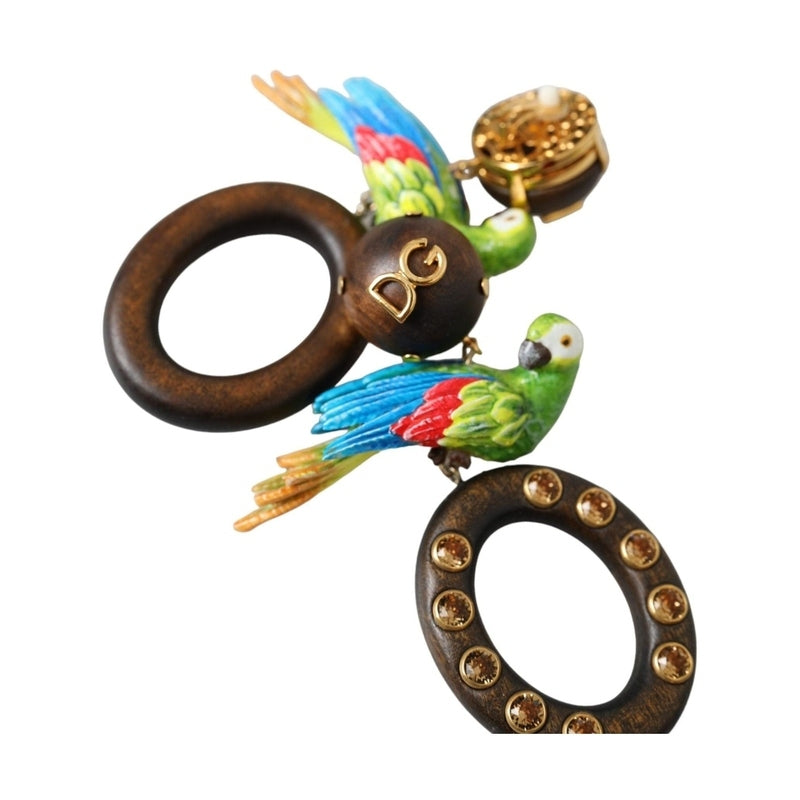 Dolce & Gabbana Multicolor Parrot Wood Brass Crystal Embellished Earrings