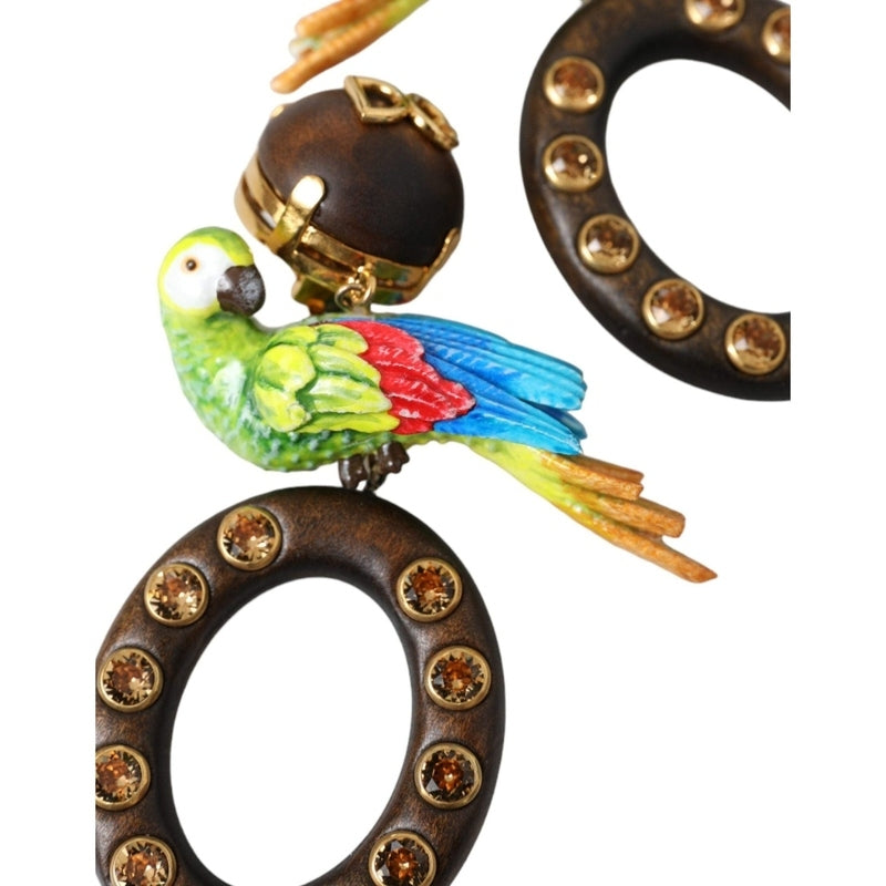 Dolce & Gabbana Multicolor Parrot Wood Brass Crystal Embellished Earrings