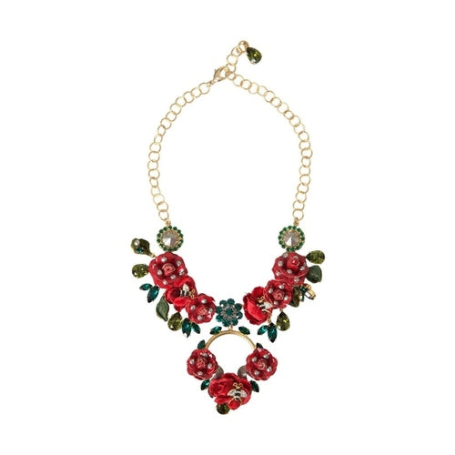 Dolce & Gabbana Gold Brass Link Chain RosePetal Crystal Pendant Necklace