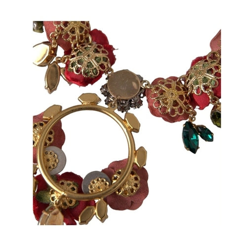 Dolce & Gabbana Gold Brass Link Chain RosePetal Crystal Pendant Necklace