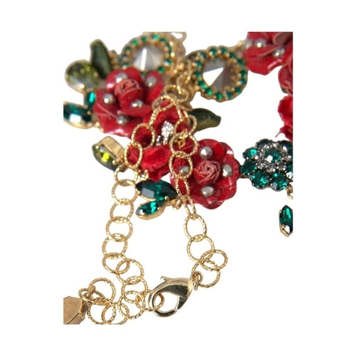 Dolce & Gabbana Gold Brass Link Chain RosePetal Crystal Pendant Necklace