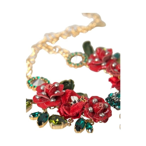 Dolce & Gabbana Gold Brass Link Chain RosePetal Crystal Pendant Necklace
