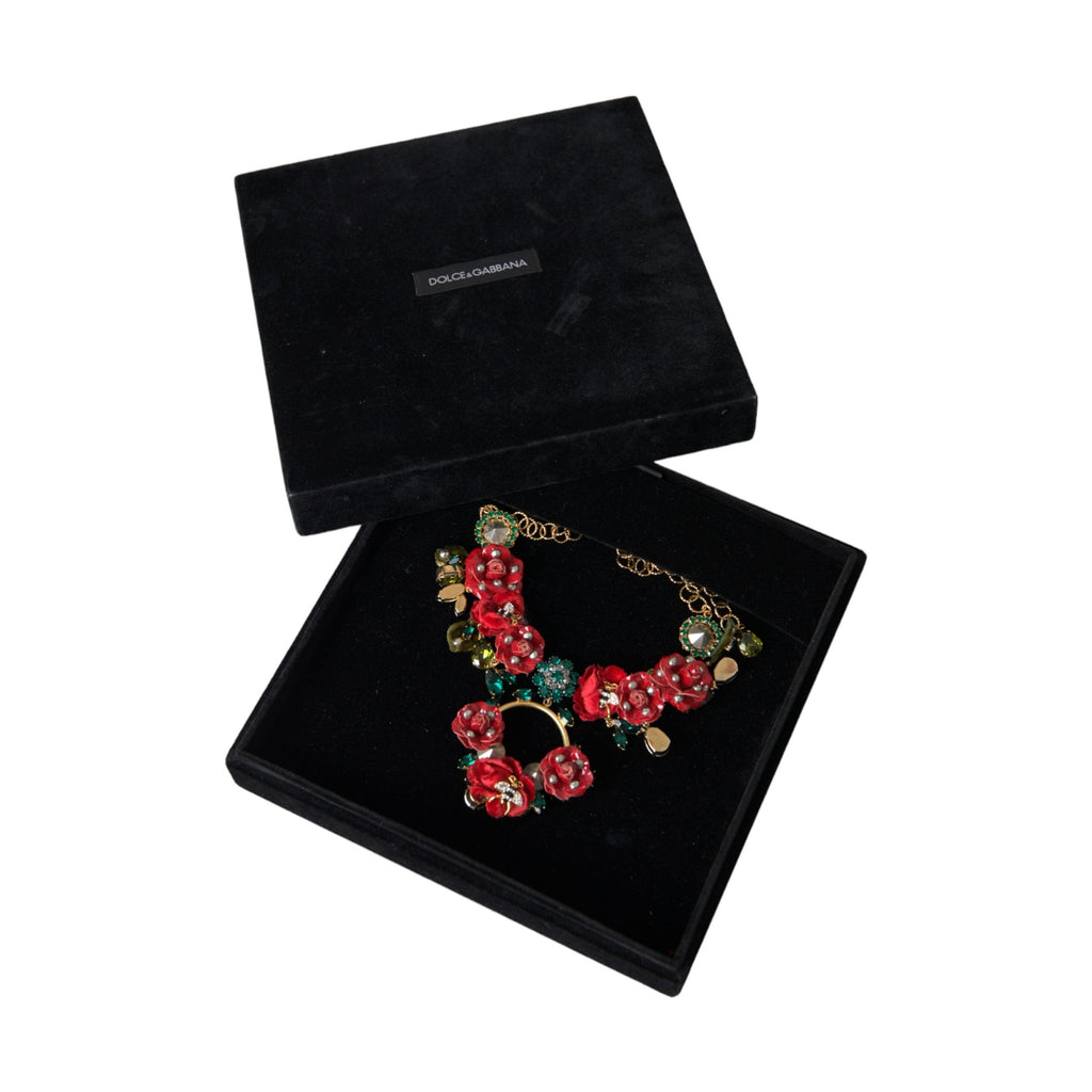 Gold Brass Link Chain RosePetal Crystal Pendant Necklace