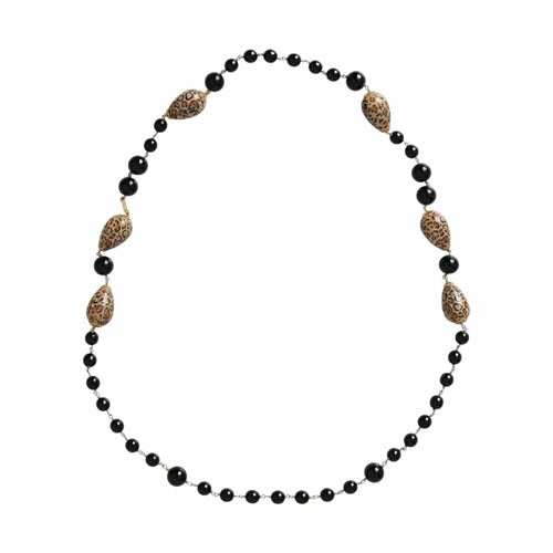 Dolce & Gabbana Gold Tone Brass Black Printed Beaded Long Chain Necklace