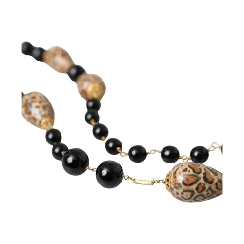 Dolce & Gabbana Gold Tone Brass Black Printed Beaded Long Chain Necklace