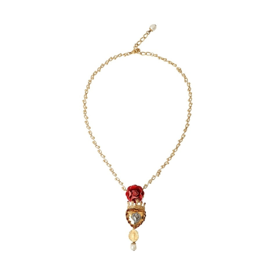 Dolce & Gabbana Gold BrassChain Sacred Heart Rose Crystal Charm Necklace