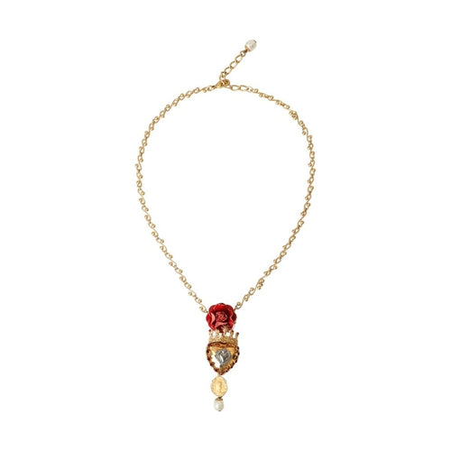Dolce & Gabbana Gold BrassChain Sacred Heart Rose Crystal Charm Necklace