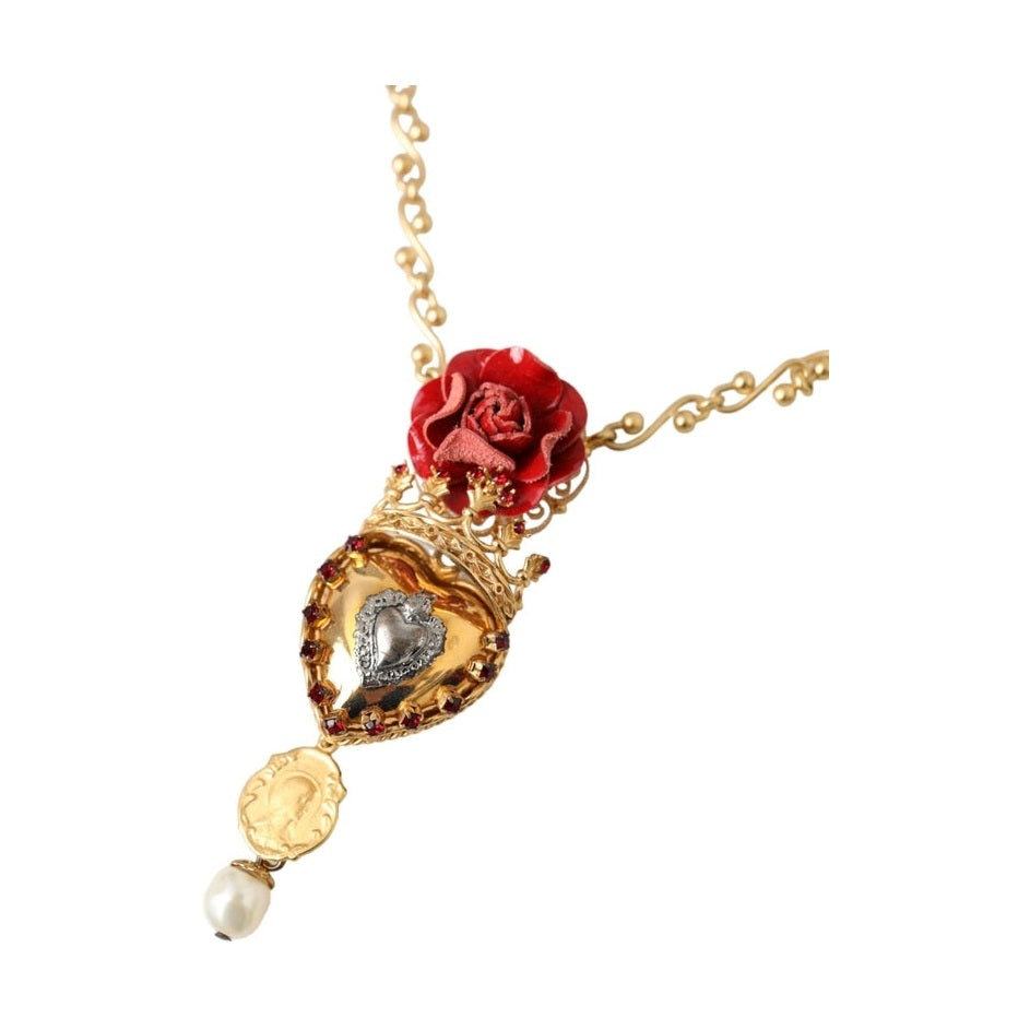 Dolce & Gabbana Gold BrassChain Sacred Heart Rose Crystal Charm Necklace