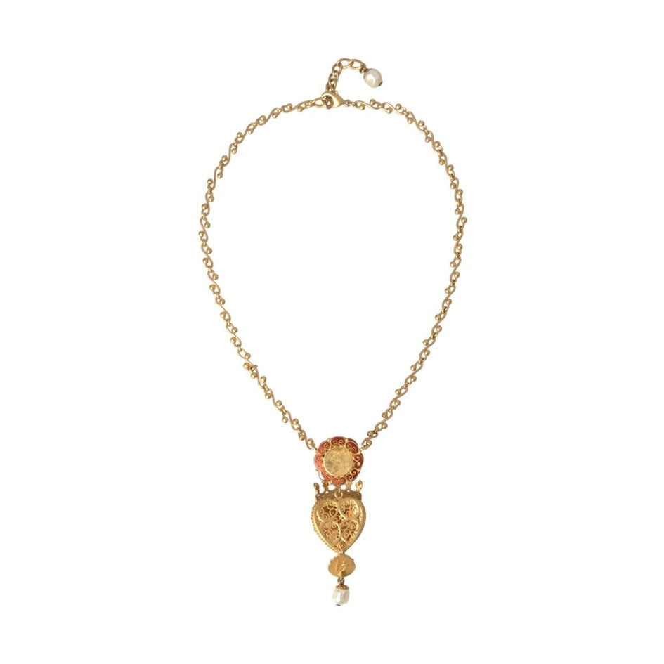Dolce & Gabbana Gold BrassChain Sacred Heart Rose Crystal Charm Necklace