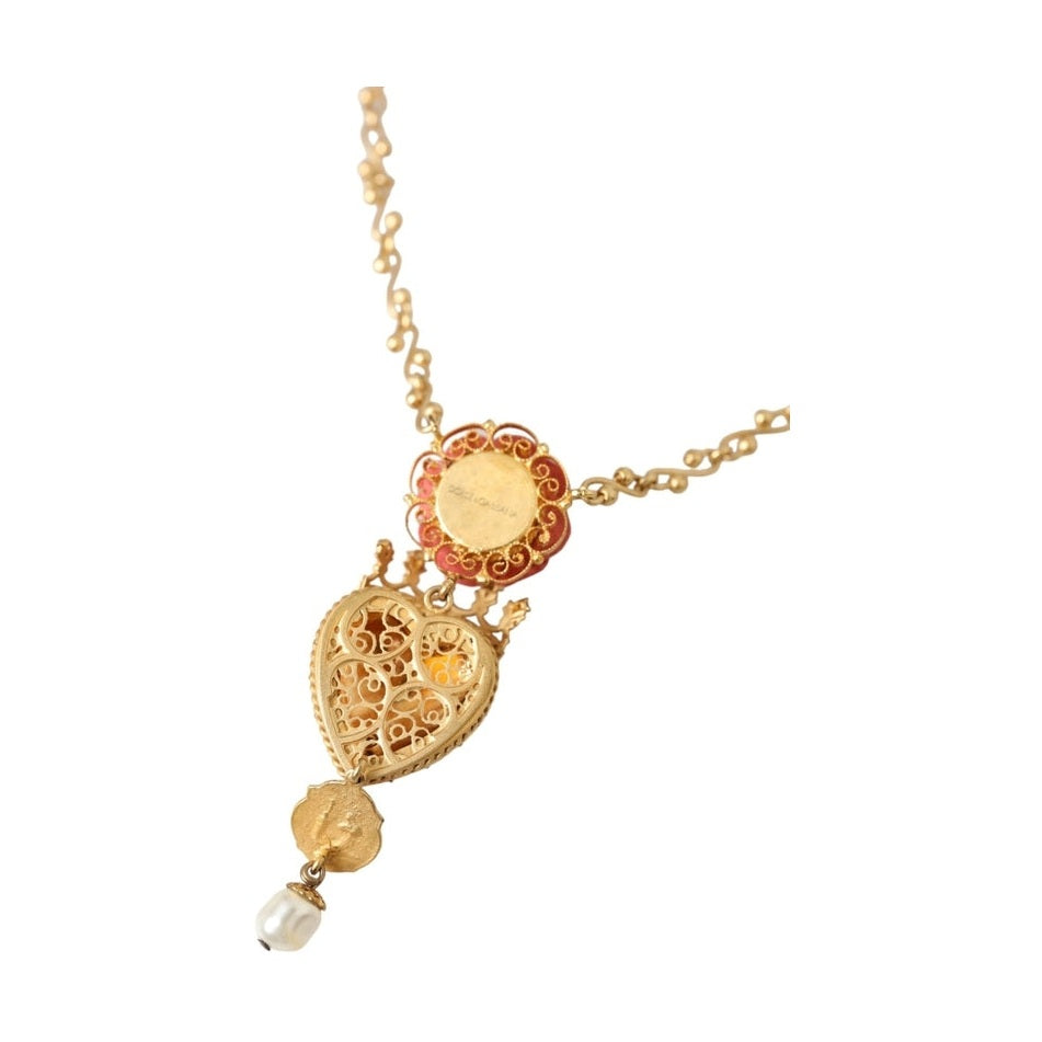Dolce & Gabbana Gold BrassChain Sacred Heart Rose Crystal Charm Necklace