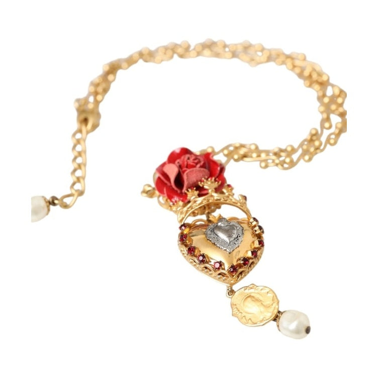 Dolce & Gabbana Gold BrassChain Sacred Heart Rose Crystal Charm Necklace