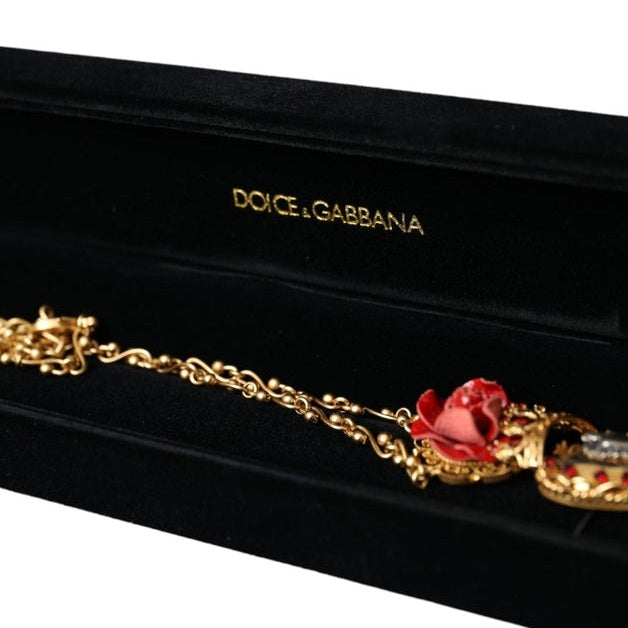 Dolce & Gabbana Gold BrassChain Sacred Heart Rose Crystal Charm Necklace