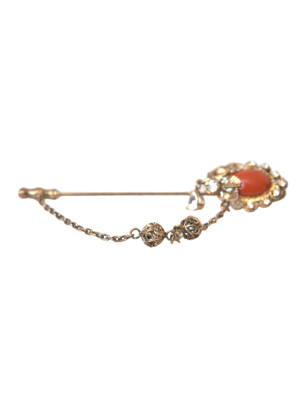 Dolce & Gabbana Gold Brass Crystal Chain 925 Sterling Silver Pin Brooch