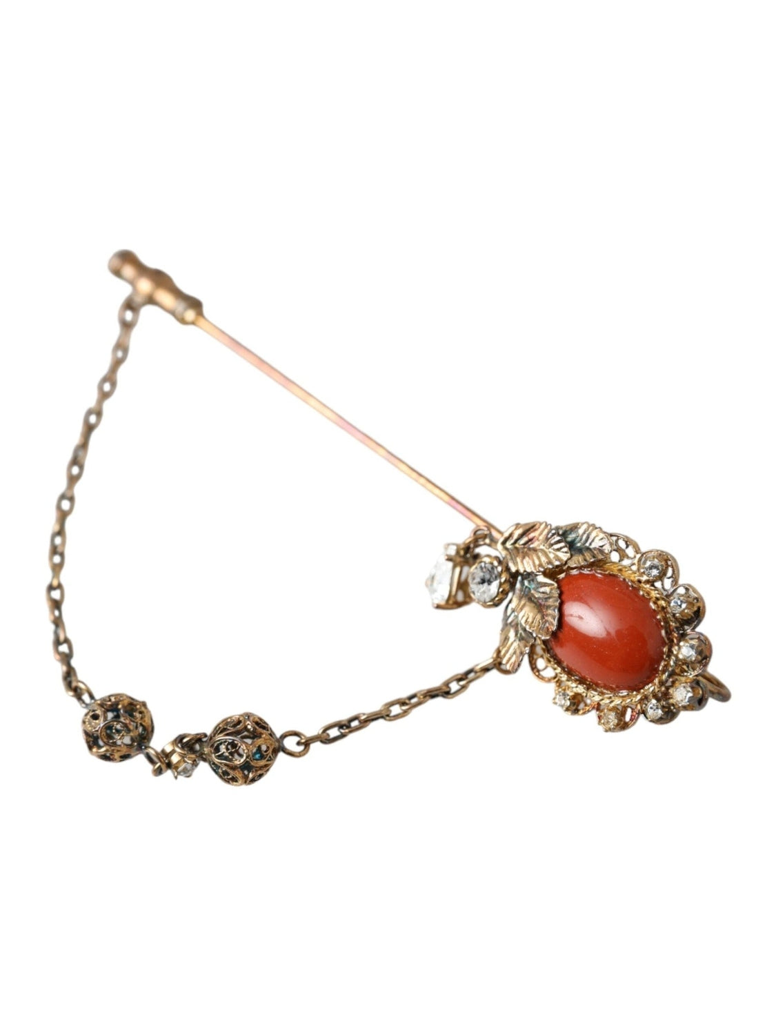 Dolce & Gabbana Gold Brass Crystal Chain 925 Sterling Silver Pin Brooch