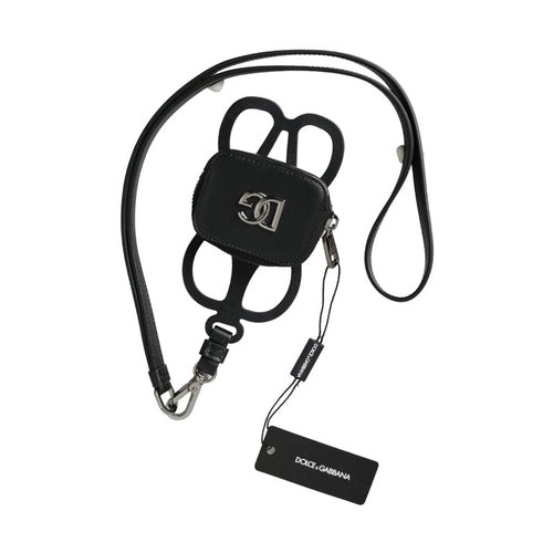 Dolce & Gabbana Black Calfskin Leather DG Logo Coin Purse Lanyard Wallet