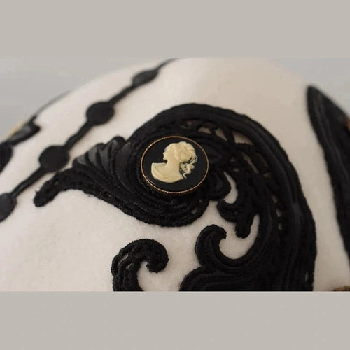 Dolce & Gabbana White Black Wool Embroidered Cameo Brooch Hat