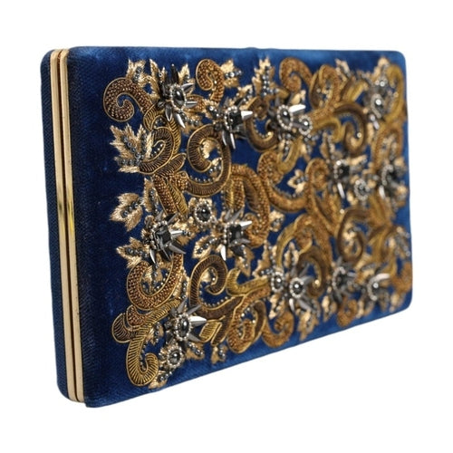 Dolce & Gabbana Blue Velvet Gold Frame Clutch Evening Party Purse Bag