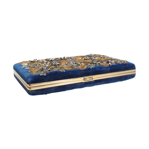Dolce & Gabbana Blue Velvet Gold Frame Clutch Evening Party Purse Bag