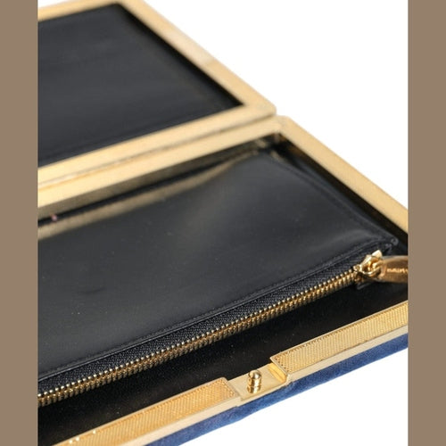 Dolce & Gabbana Blue Velvet Gold Frame Clutch Evening Party Purse Bag
