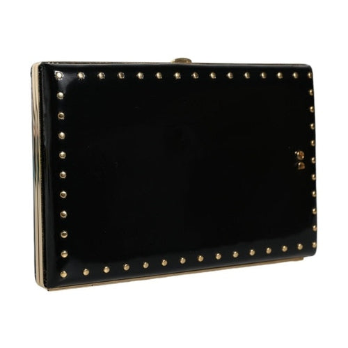 Dolce & Gabbana Black Leather Studs Gold Frame Clutch Evening Purse Bag