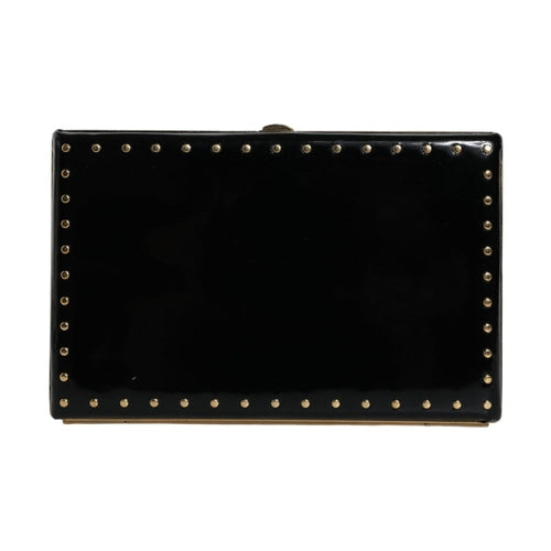 Dolce & Gabbana Black Leather Studs Gold Frame Clutch Evening Purse Bag