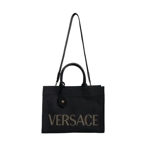 Versace Black Top Handle Canvas Leather Logo Crossbody Tote Bag