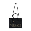 Versace Black Top Handle Canvas Leather Logo Crossbody Tote Bag