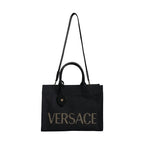 Versace Black Top Handle Canvas Leather Logo Crossbody Tote Bag