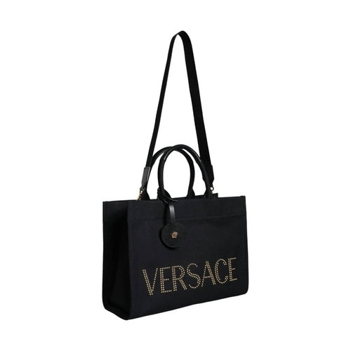 Versace Black Top Handle Canvas Leather Logo Crossbody Tote Bag