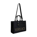 Versace Black Top Handle Canvas Leather Logo Crossbody Tote Bag