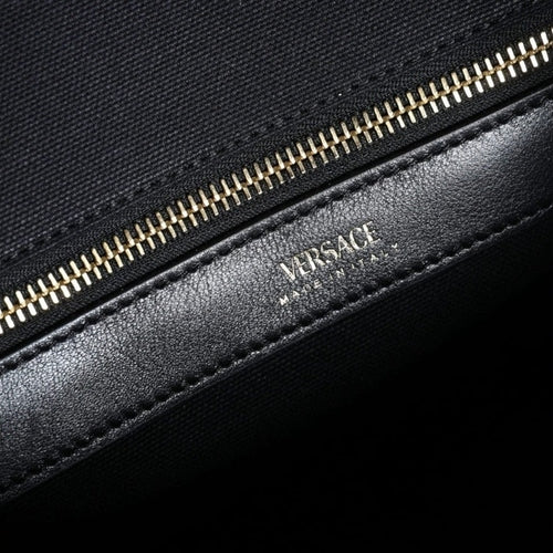 Versace Black Top Handle Canvas Leather Logo Crossbody Tote Bag