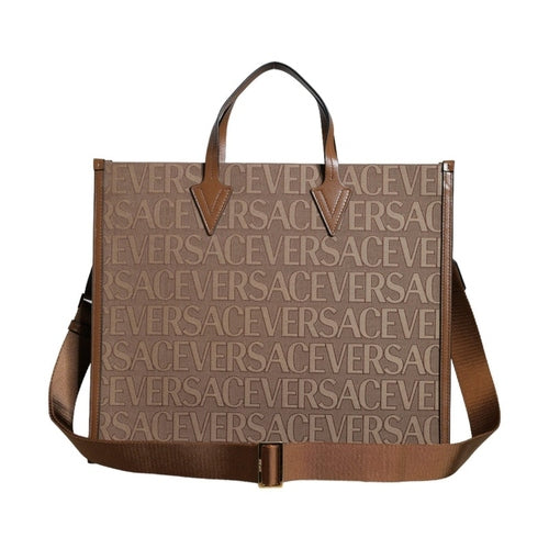 Versace Brown Top Handle Jacquard Leather Logo Crossbody Tote Bag