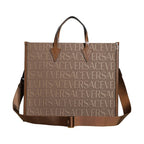 Versace Brown Top Handle Jacquard Leather Logo Crossbody Tote Bag