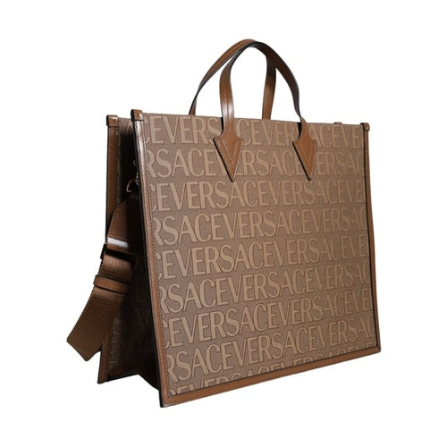 Versace Brown Top Handle Jacquard Leather Logo Crossbody Tote Bag