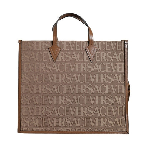 Versace Brown Top Handle Jacquard Leather Logo Crossbody Tote Bag
