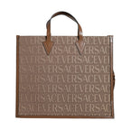 Versace Brown Top Handle Jacquard Leather Logo Crossbody Tote Bag