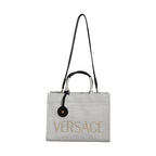Versace White Top Handle Canvas Leather Logo Crossbody Tote Bag
