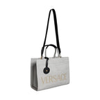 Versace White Top Handle Canvas Leather Logo Crossbody Tote Bag