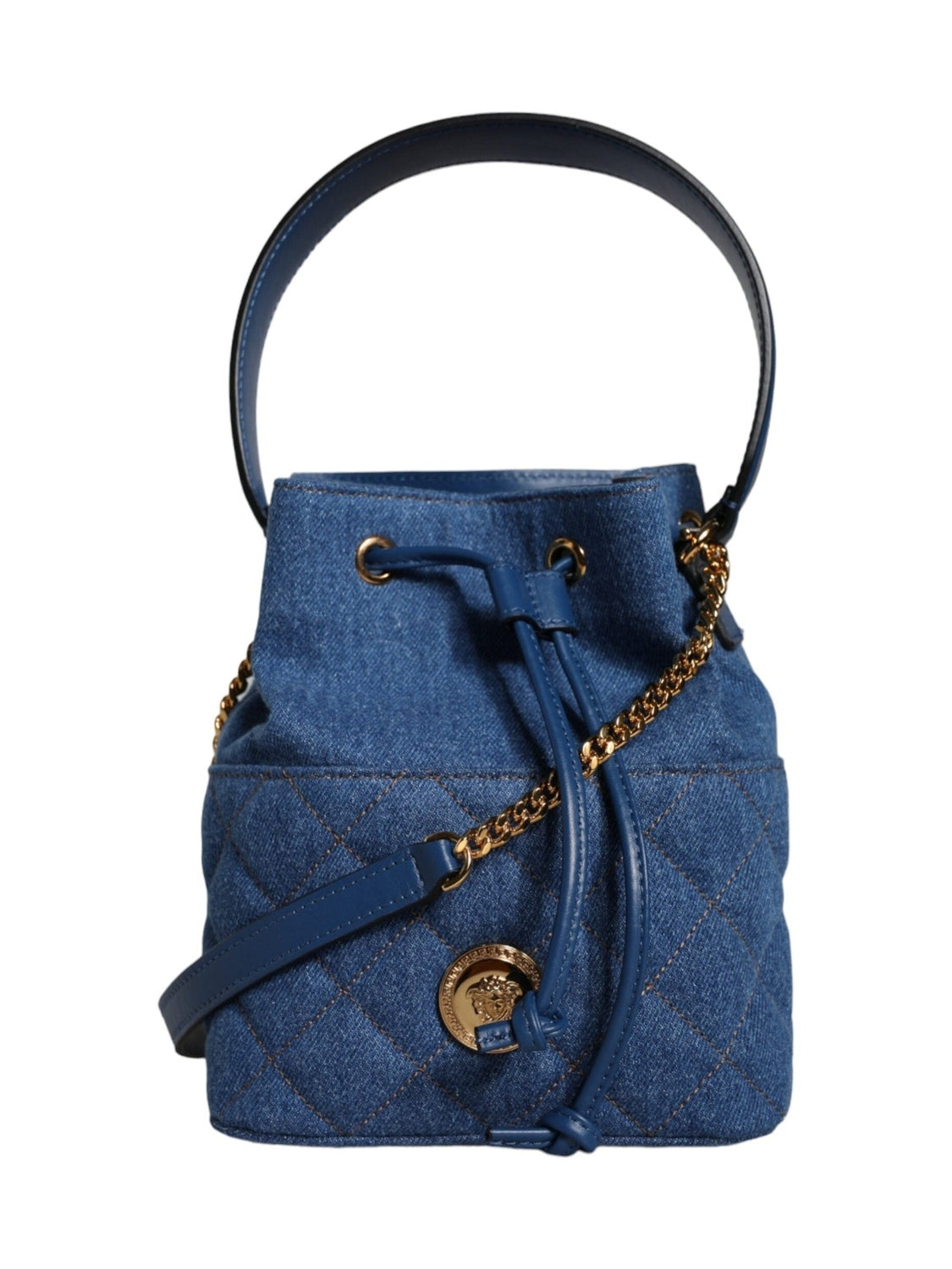 Versace Blue Quilted Denim Leather Crossbody Shoulder Bag