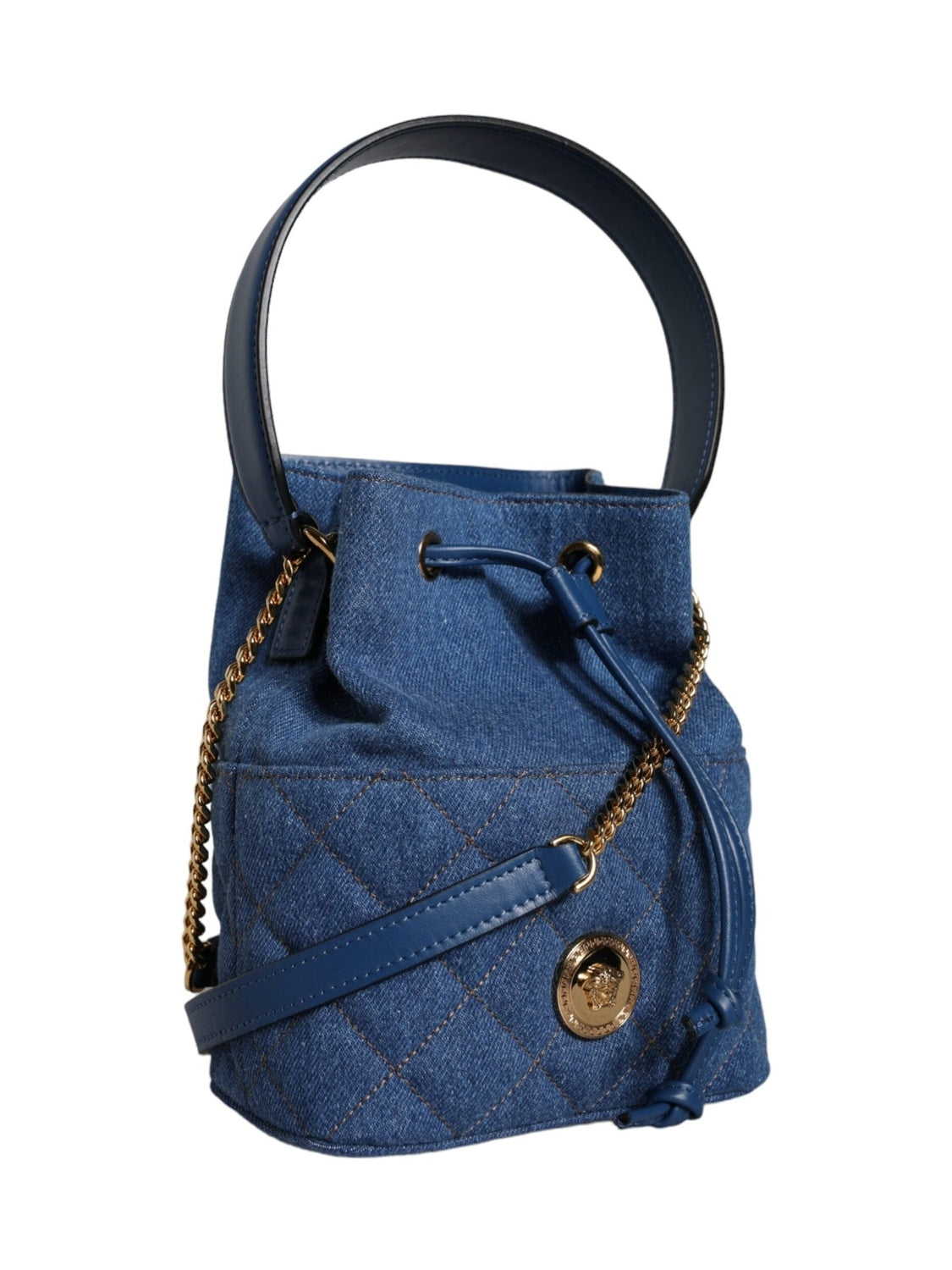 Versace Blue Quilted Denim Leather Crossbody Shoulder Bag