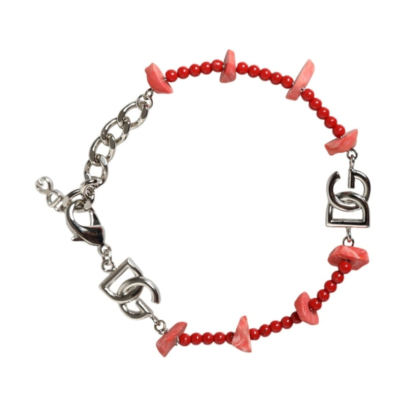 Dolce & Gabbana Silver Tone Brass Beaded Resin DG Logo Chain Bracelet